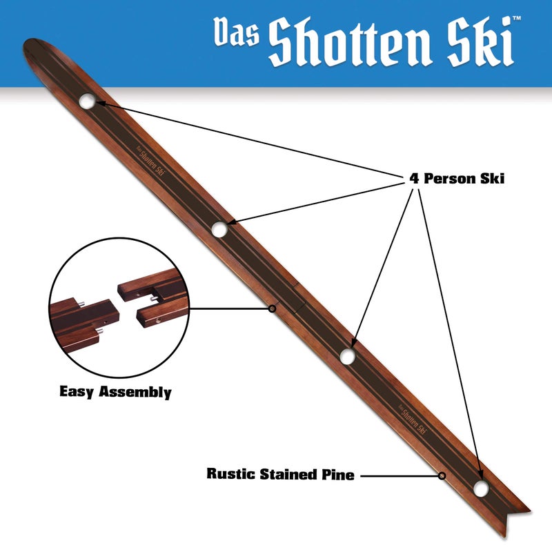 GoPong Das Shotten Ski - Rustic Wood 4 Person Drinking Ski with 50 Plastic Shot Glasses - Image 5